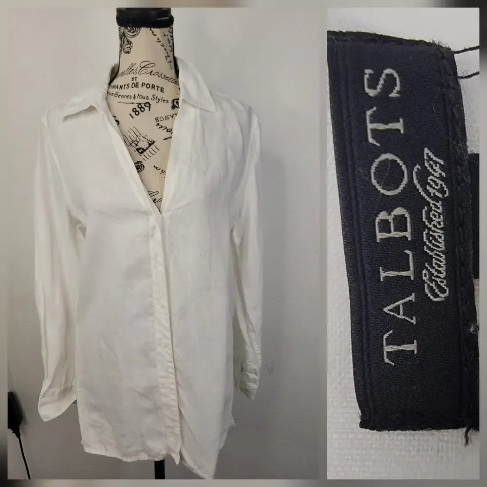 Talbots Tunic Top 12 Womens 100% Irish Linen Button Up Lagenlook Coastal White